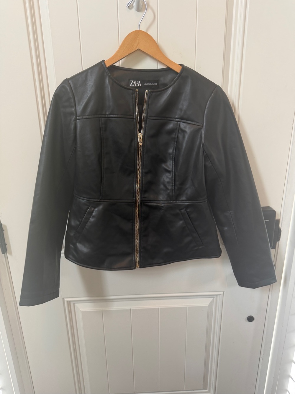 ZARA Black Faux Leather Zip-Front Jacket with Gold Hardware